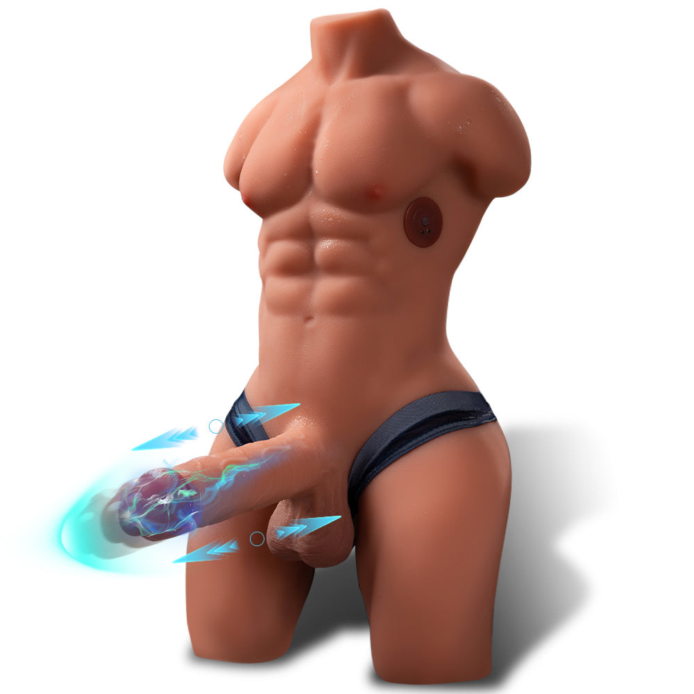 Male silicone sex doll torso engineered for female use with thrusting function