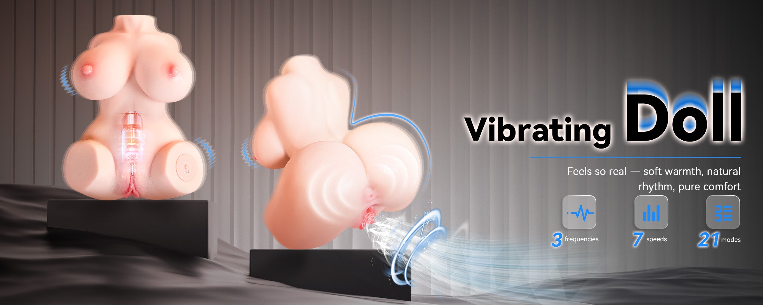 realistic sex doll showing front and back views with vibration, sucking, and waterproof functions, made from soft TPR material